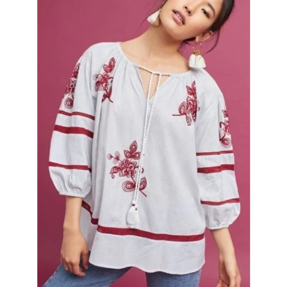 Anthro Velvet By Graham & Spencer Striped Embroidered Peasant Top Small Boho‎
